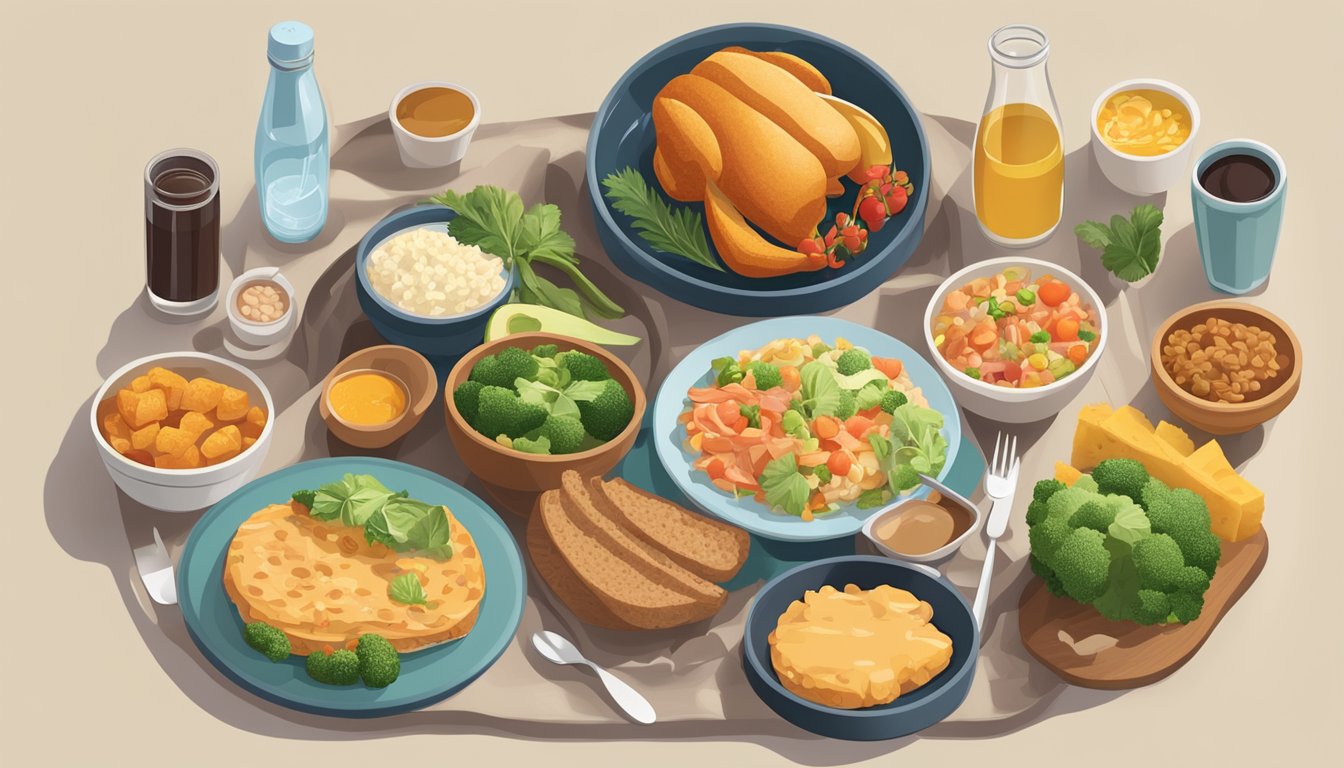 A dinner table set with a variety of foods, including a balance of carbohydrates and proteins, with a focus on insulin-friendly options for diabetes management