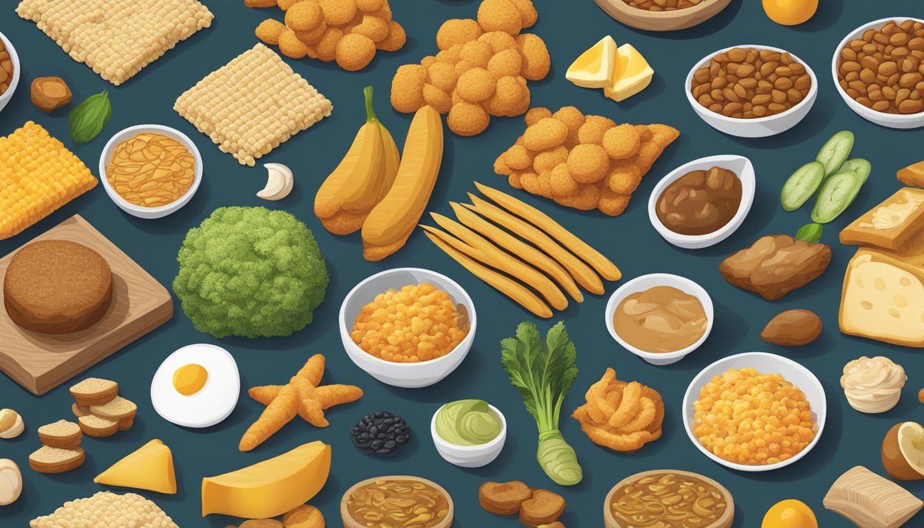 A variety of foods with different textures arranged on a table, including smooth, crunchy, and chewy items