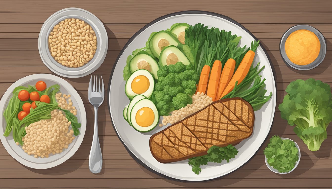 A table set with a balanced meal of lean protein, non-starchy vegetables, and whole grains, with a focus on portion sizes and insulin response