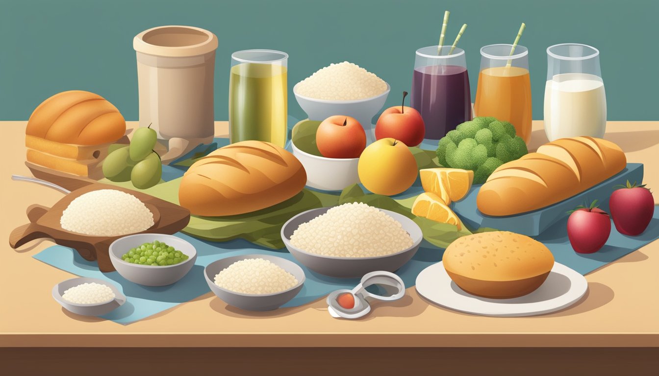 A variety of food items, such as bread, rice, and fruits, are laid out on a table. Each item has a different texture, from soft to crunchy, and is accompanied by a measuring device for glucose response