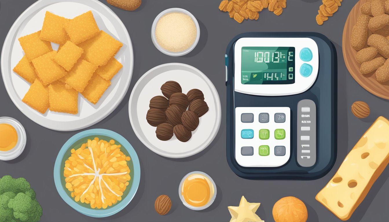 A variety of foods with different textures arranged on a table, including soft, crunchy, and chewy options. A glucose monitor and graph nearby