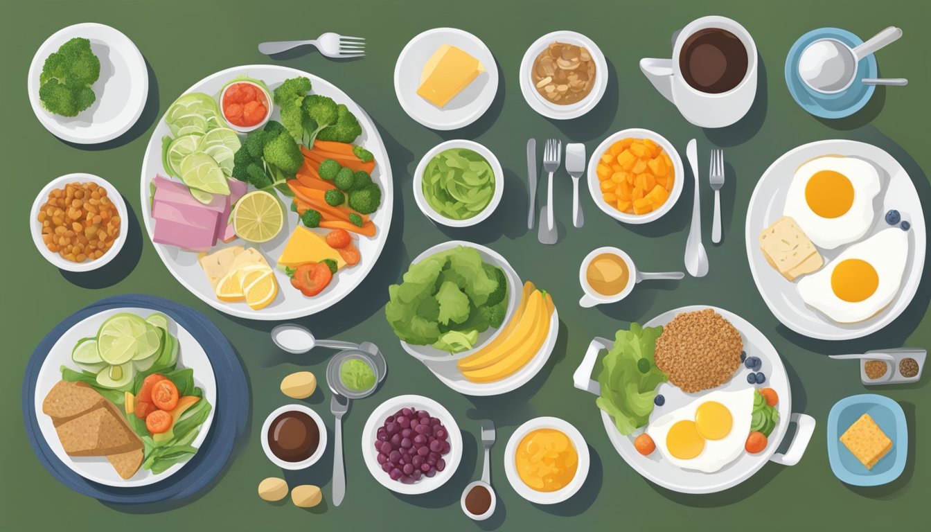 A table set with balanced, portioned meals and diabetic-friendly foods. A person's plate is methodically arranged with a variety of healthy options