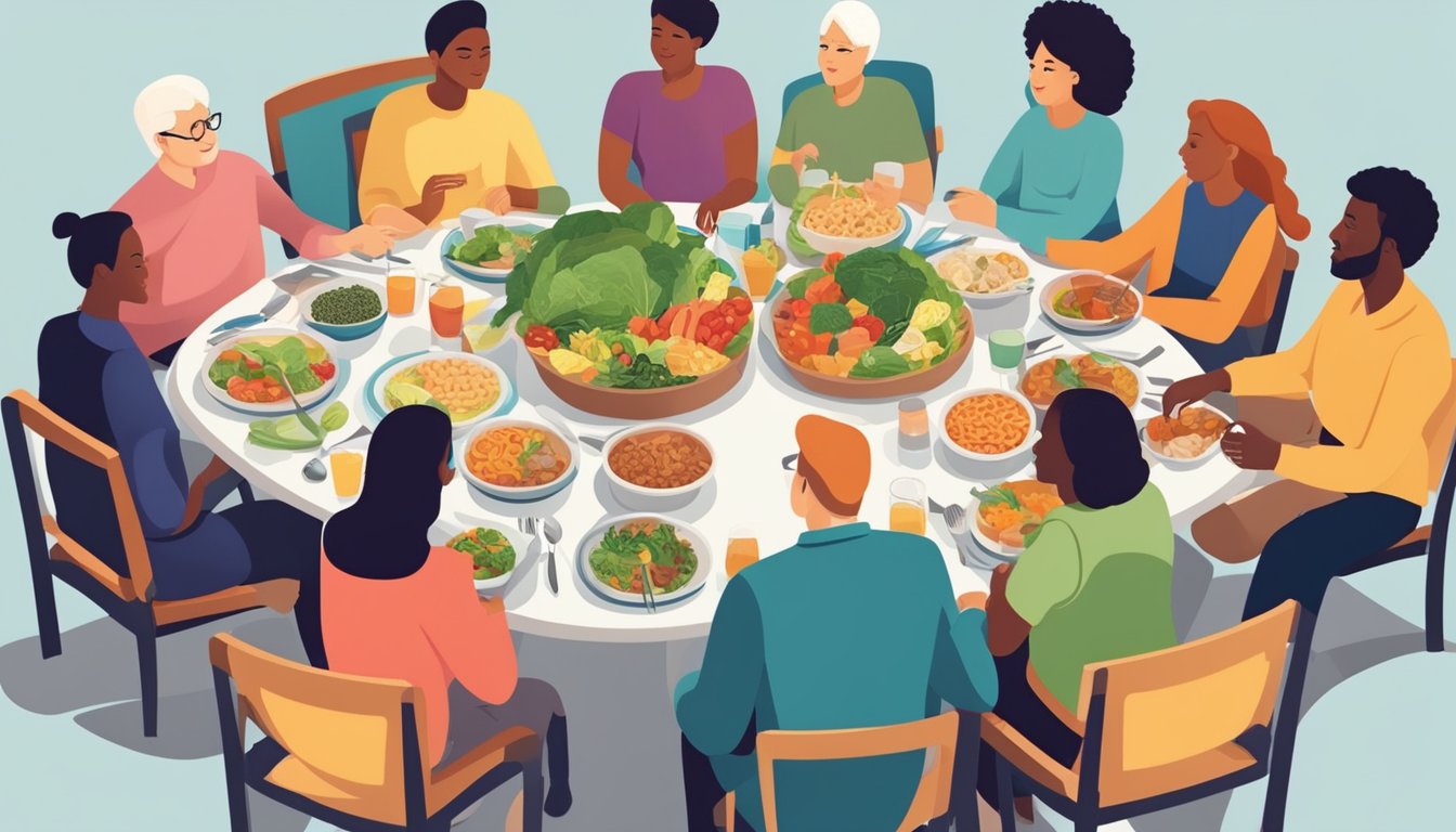 A dinner table set with a variety of diabetes-conscious foods, including low-insulin index options, surrounded by a diverse group of people engaged in conversation