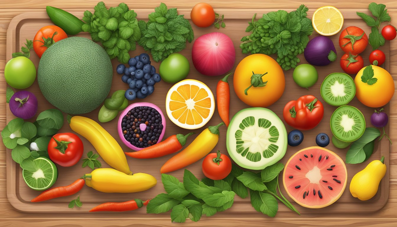 A colorful array of fresh, uncooked fruits and vegetables arranged on a wooden cutting board, surrounded by vibrant herbs and spices