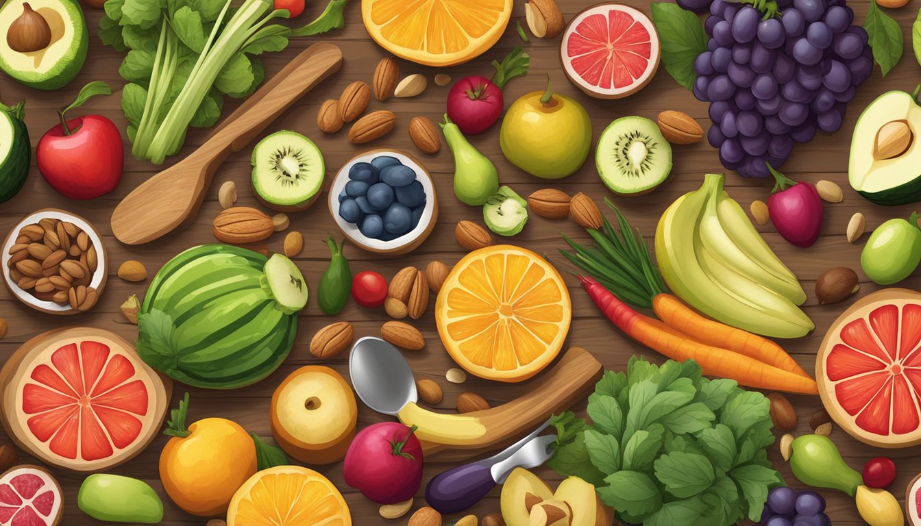 A colorful array of fresh fruits, vegetables, and nuts spread out on a wooden cutting board, with a variety of kitchen utensils nearby