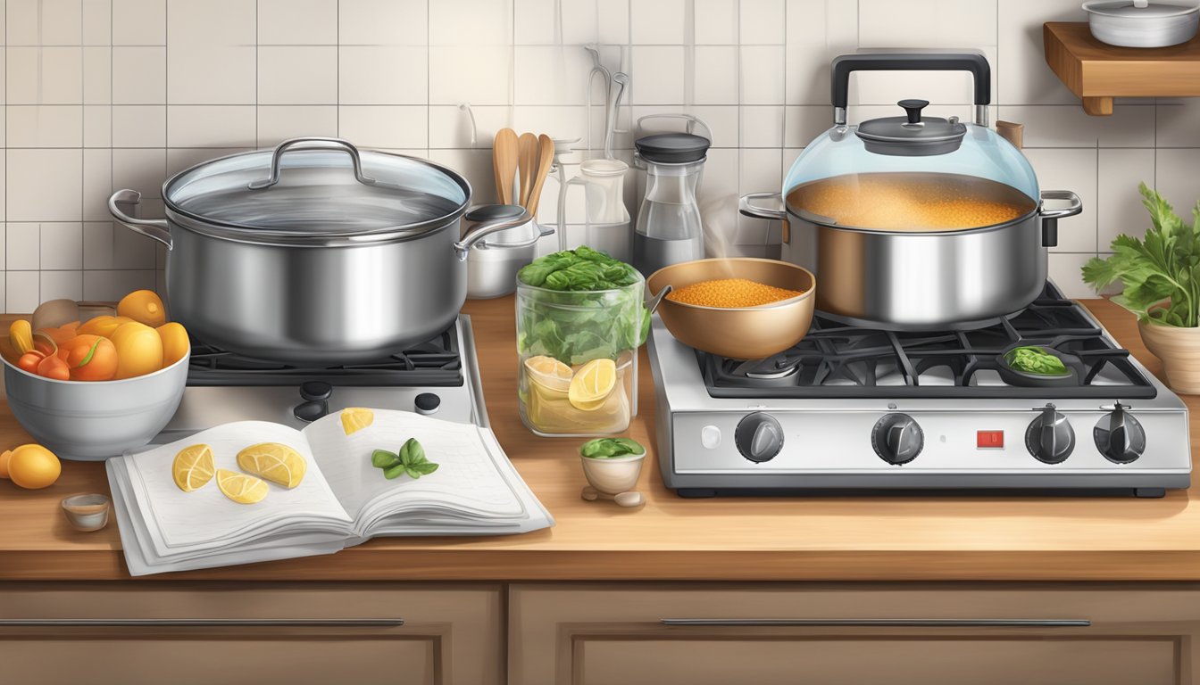 A kitchen counter with organized ingredients, a timer, and a steaming pot on the stove