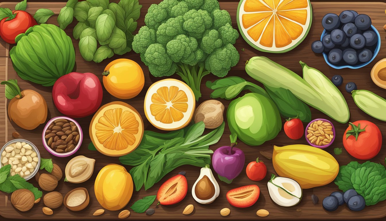 A colorful array of fresh fruits, vegetables, nuts, and seeds spread out on a wooden cutting board, ready to be used in creating a vibrant and nutritious raw meal