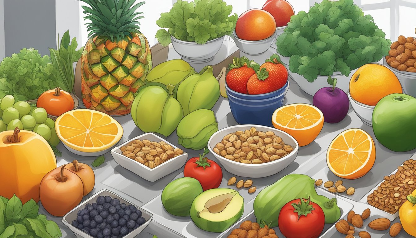 A colorful array of fresh fruits, vegetables, nuts, and seeds spread out on a clean kitchen counter, ready for raw meal preparation