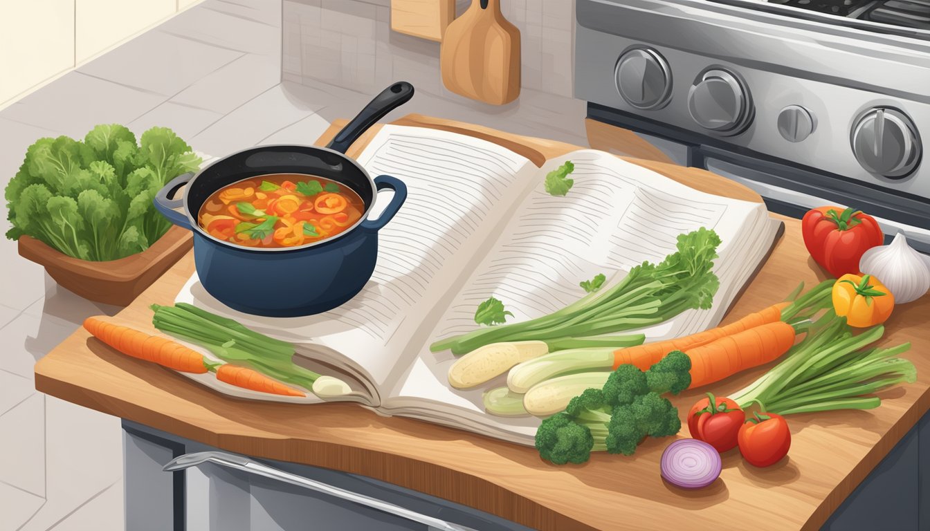 A cozy kitchen with a pot simmering on the stove, a cutting board with fresh vegetables, and a cookbook open to a page with a recipe for a healthy comfort food dish