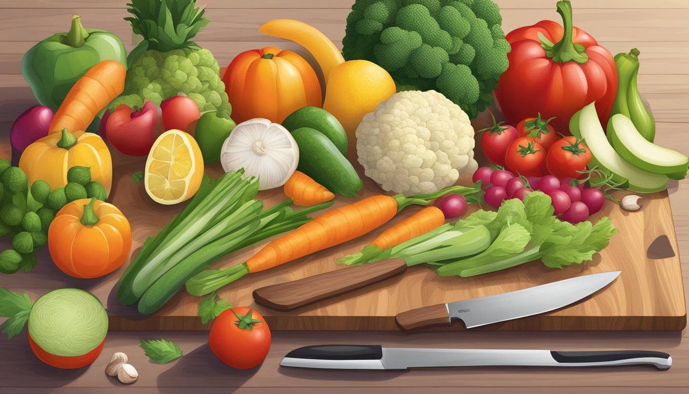 A colorful array of fresh, uncooked vegetables and fruits arranged on a wooden cutting board, with a chef's knife nearby