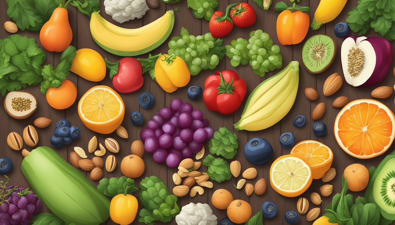 A colorful array of fresh fruits and vegetables arranged on a wooden cutting board, with a variety of nuts and seeds scattered around