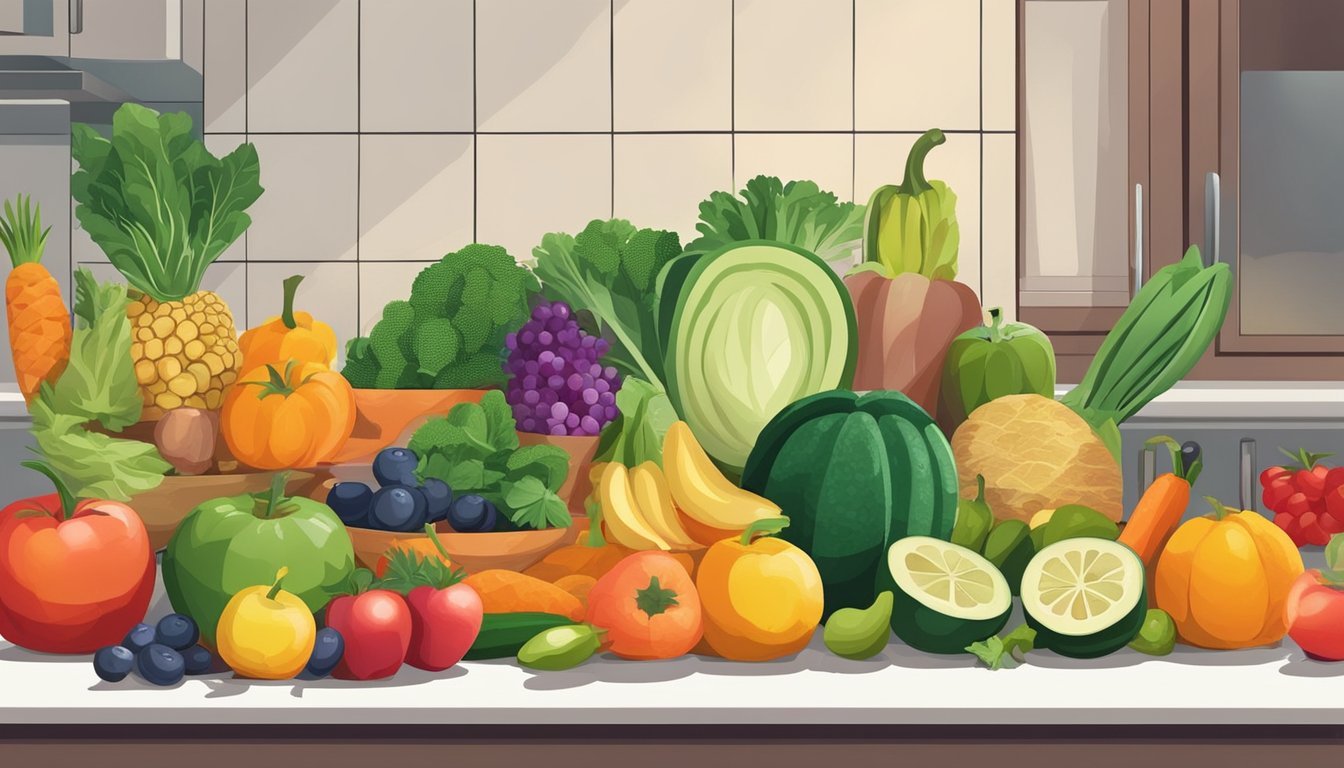 A colorful array of fresh fruits and vegetables arranged on a kitchen counter, with a cutting board and knife ready for meal preparation