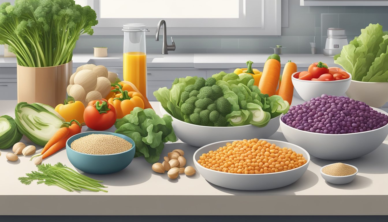 A colorful spread of fresh vegetables, lean proteins, and whole grains arranged on a clean, modern kitchen countertop