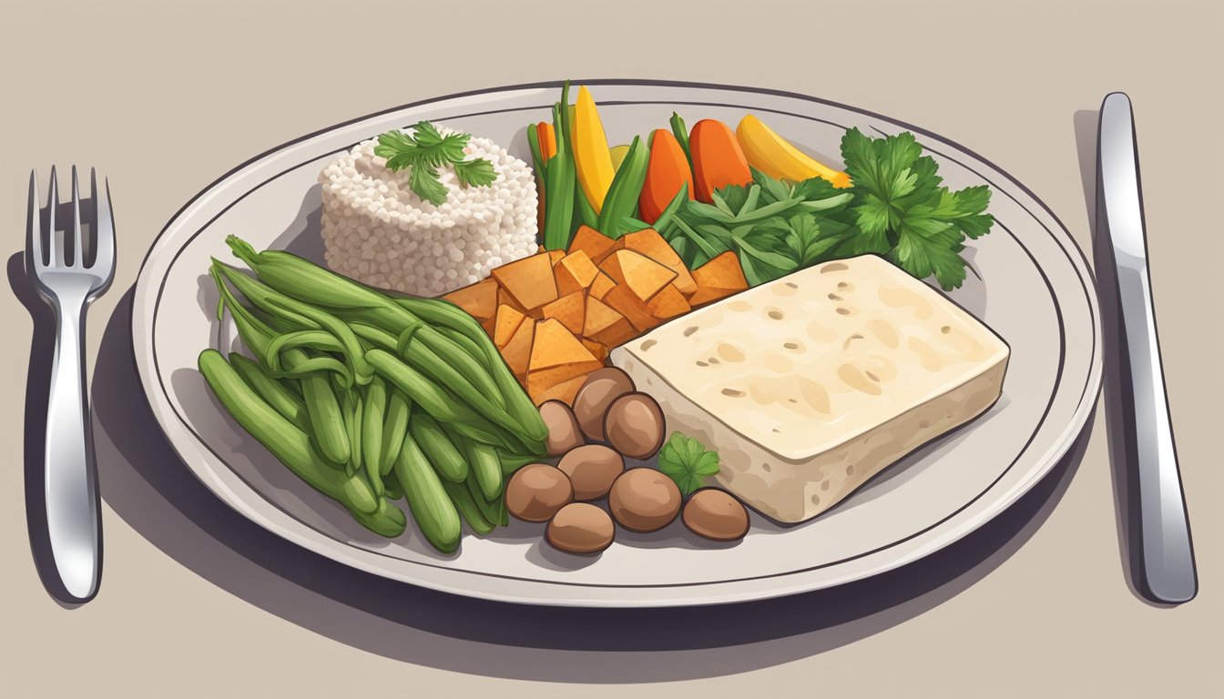 A dinner plate with a balanced meal of fiber-rich vegetables and protein sources, such as beans, lean meats, or tofu, arranged in an appealing and appetizing manner