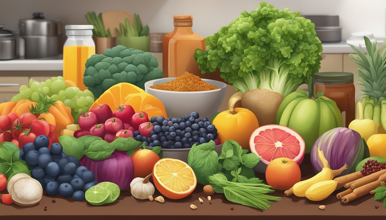 A colorful array of fresh fruits, vegetables, and lean proteins spread out on a kitchen counter, with a variety of spices and herbs in the background