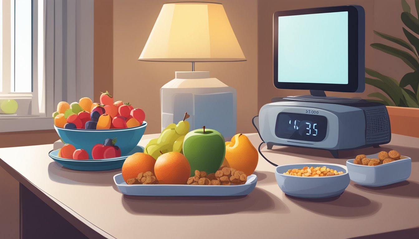 A cozy living room with a dimly lit lamp, a bowl of fruit on the table, and a plate of healthy snacks. A blood sugar monitor sits nearby