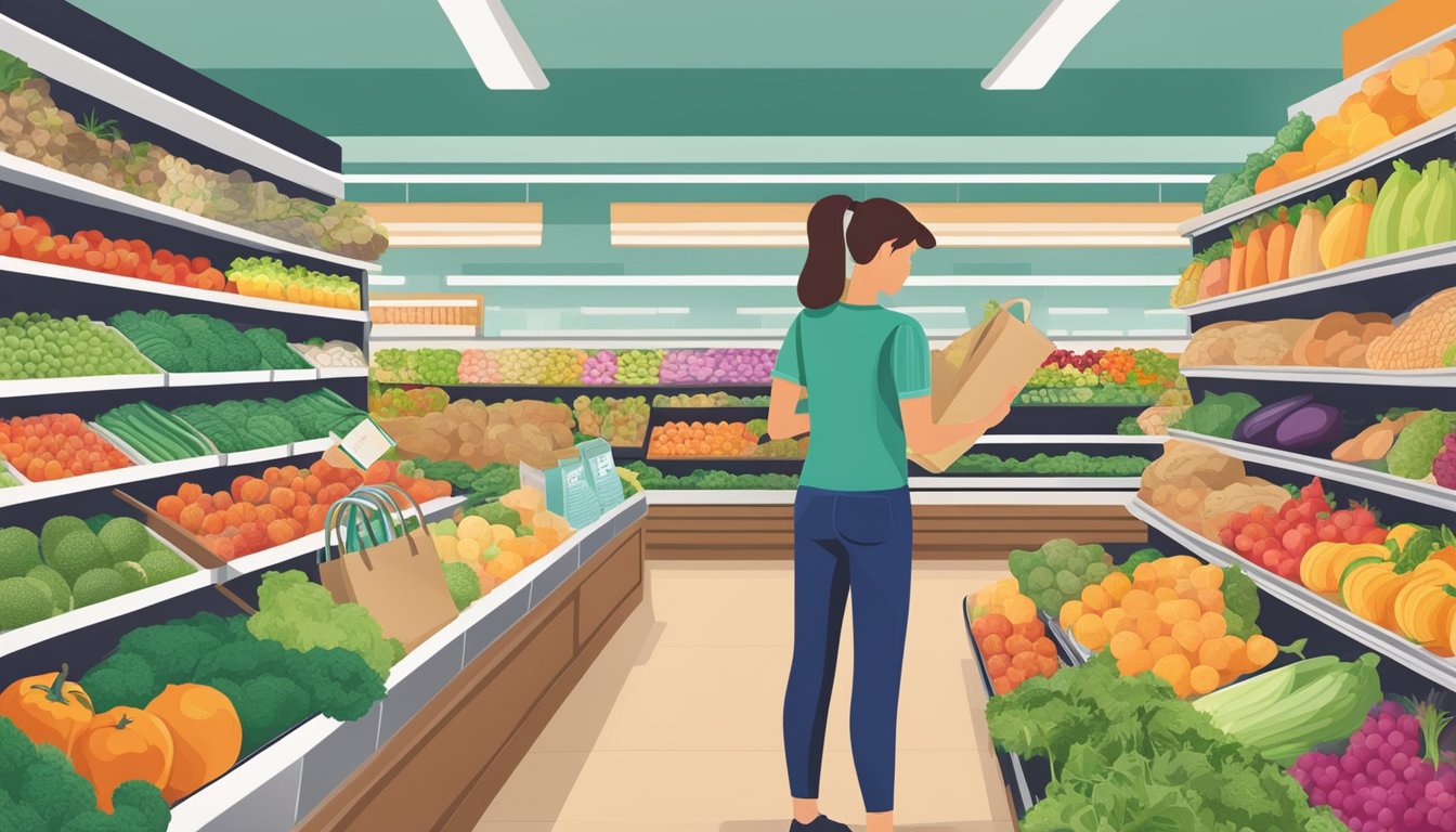 A person browsing colorful produce at a grocery store, surrounded by various healthy food options. They are carefully selecting items while holding a list and a reusable shopping bag