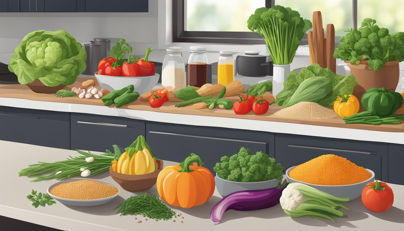 A colorful array of fresh vegetables, whole grains, and lean proteins arranged on a kitchen counter, with a variety of herbs and spices in the background