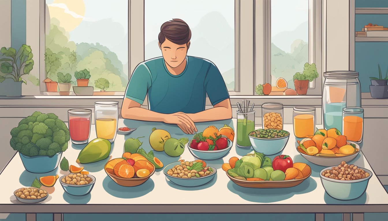 A person sitting at a table filled with healthy snacks like fruits, nuts, and vegetables, while avoiding sugary treats. A glass of water is nearby