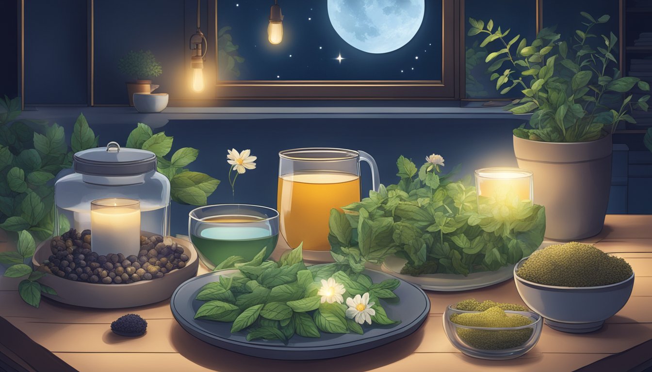 A serene nighttime scene with a variety of alternative nutrients and supplements displayed on a table, surrounded by calming elements like herbal tea and soft lighting