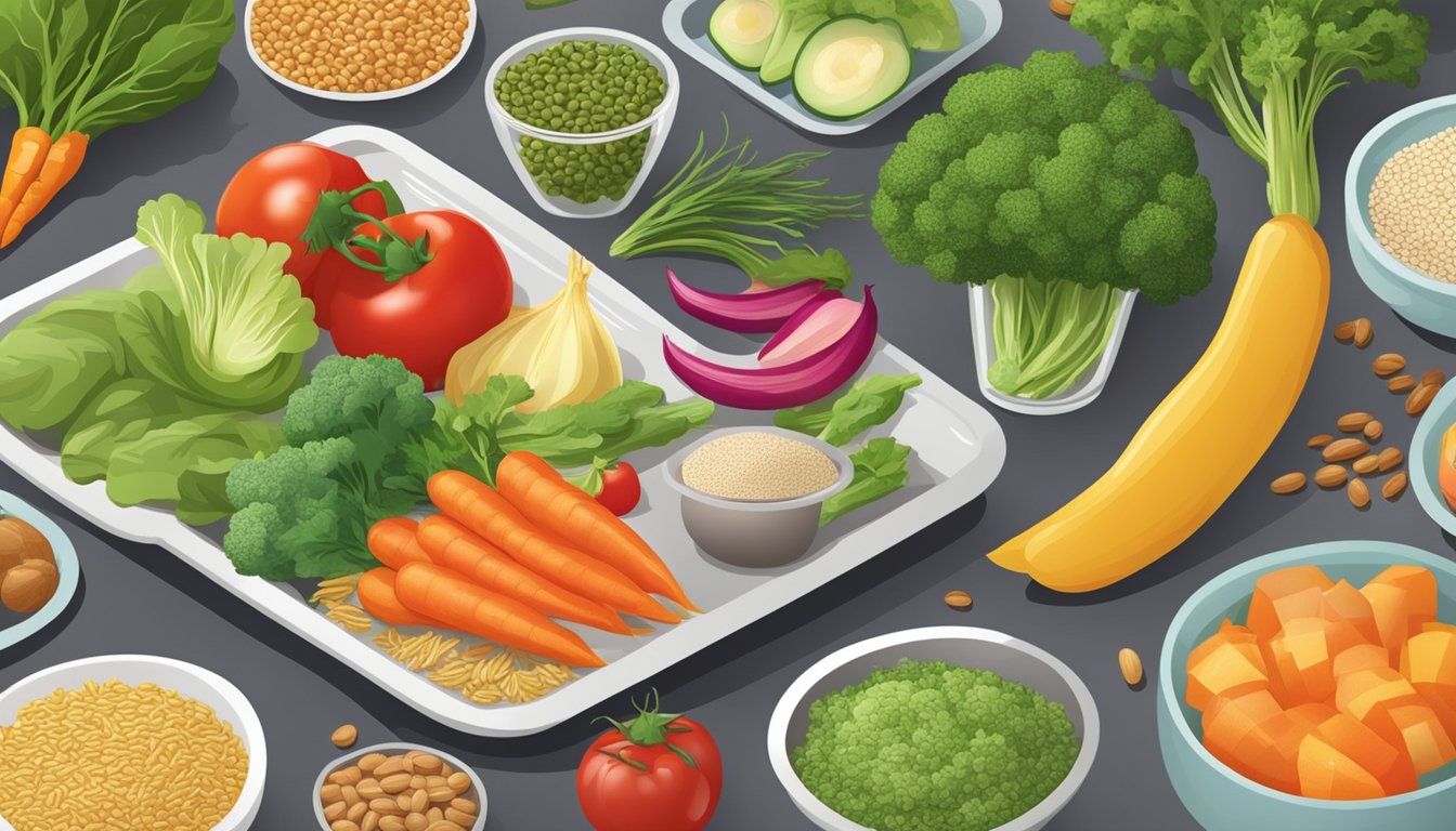 A kitchen counter with a variety of fresh vegetables, grains, and lean proteins. A colorful plate of balanced meal options