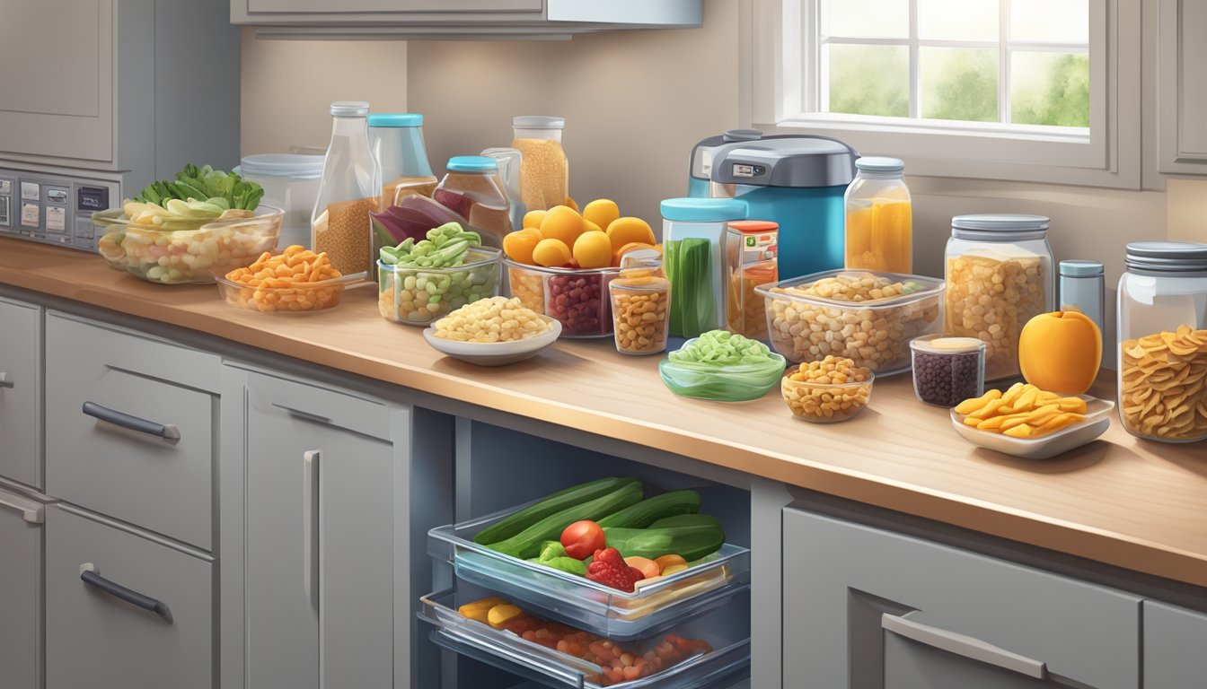 A kitchen counter cluttered with sugary snacks and unhealthy ingredients, while a fridge is stocked with fresh produce and lean proteins