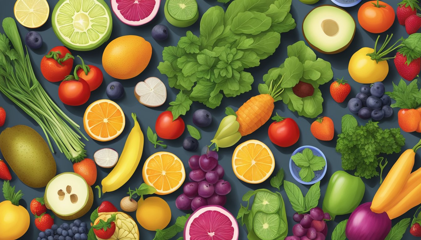 A colorful array of fresh fruits, vegetables, and lean proteins arranged on a kitchen counter, with a variety of herbs and spices scattered around