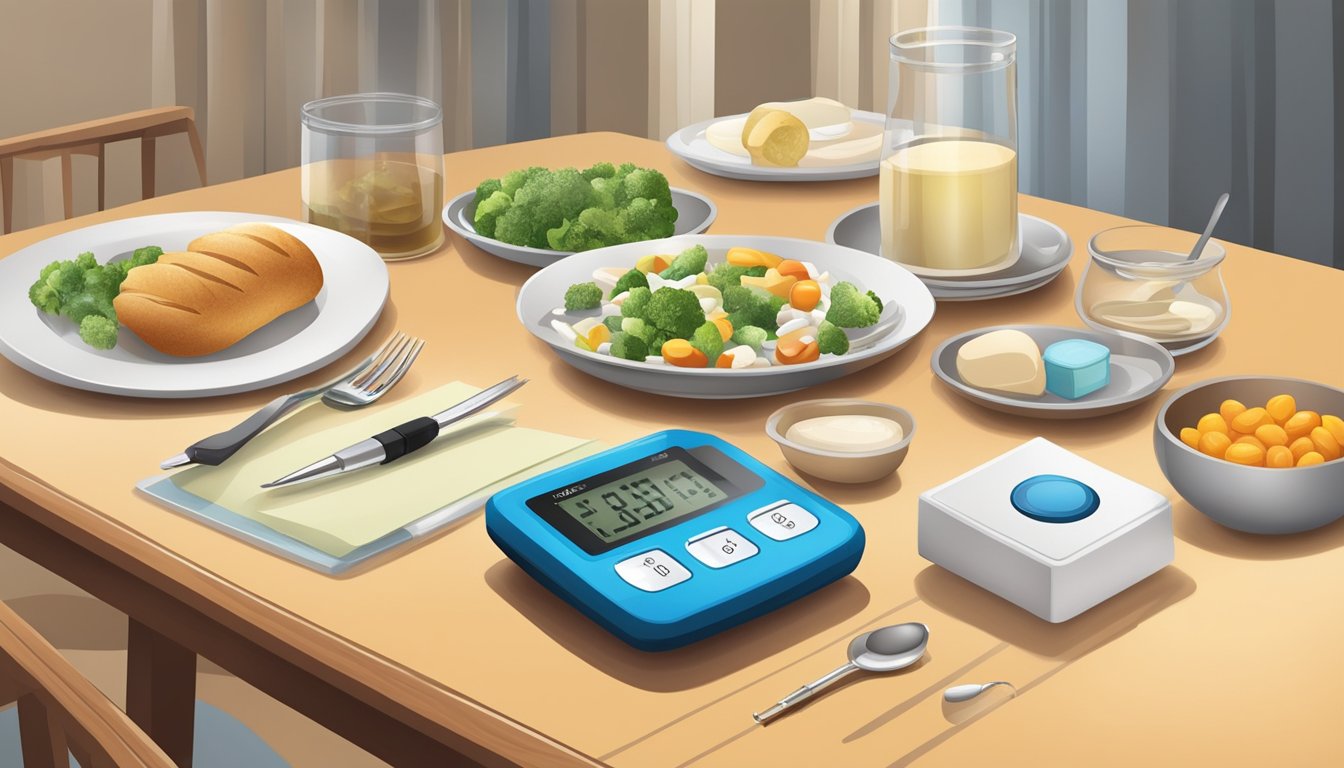 A dining table with a balanced meal, a pill organizer, and a glucometer