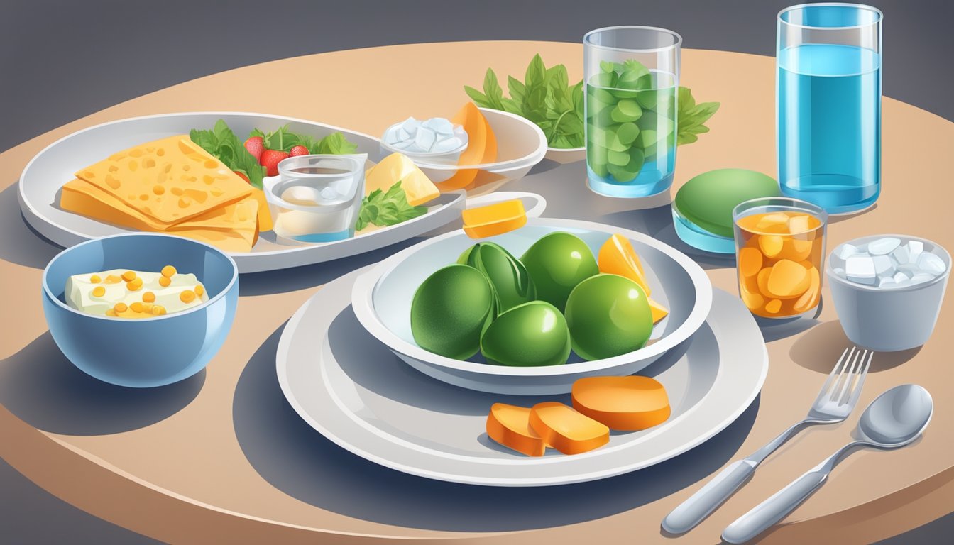 A dinner plate with portions of balanced food next to a container of diabetes medication, set on a table with a glass of water