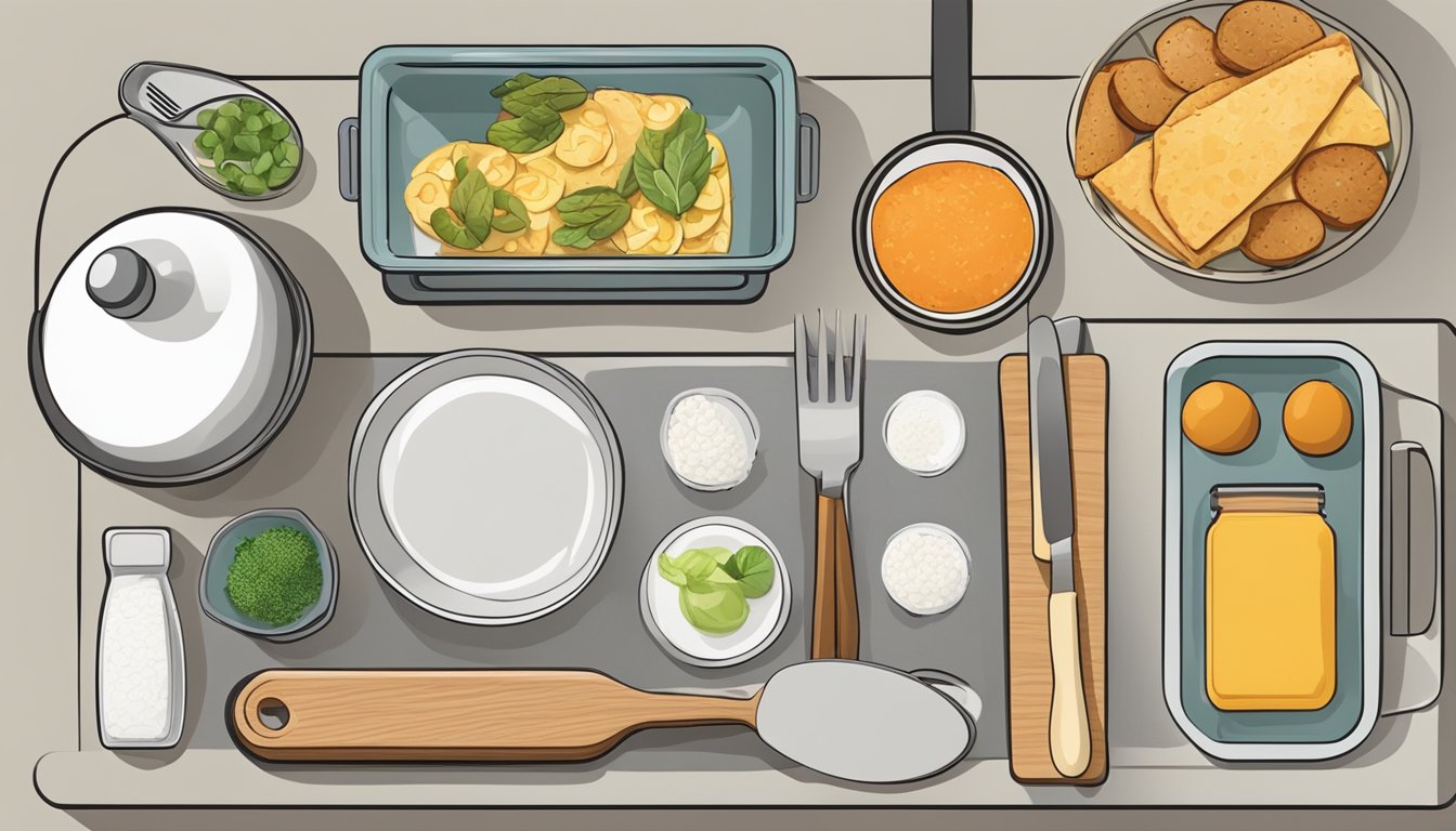 A kitchen counter with various food containers, a cutting board, and utensils. A meal is being repurposed into a new dish to promote blood sugar balance