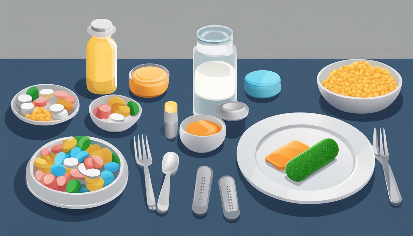 A dinner plate with a balanced meal alongside a row of medication pills on a table