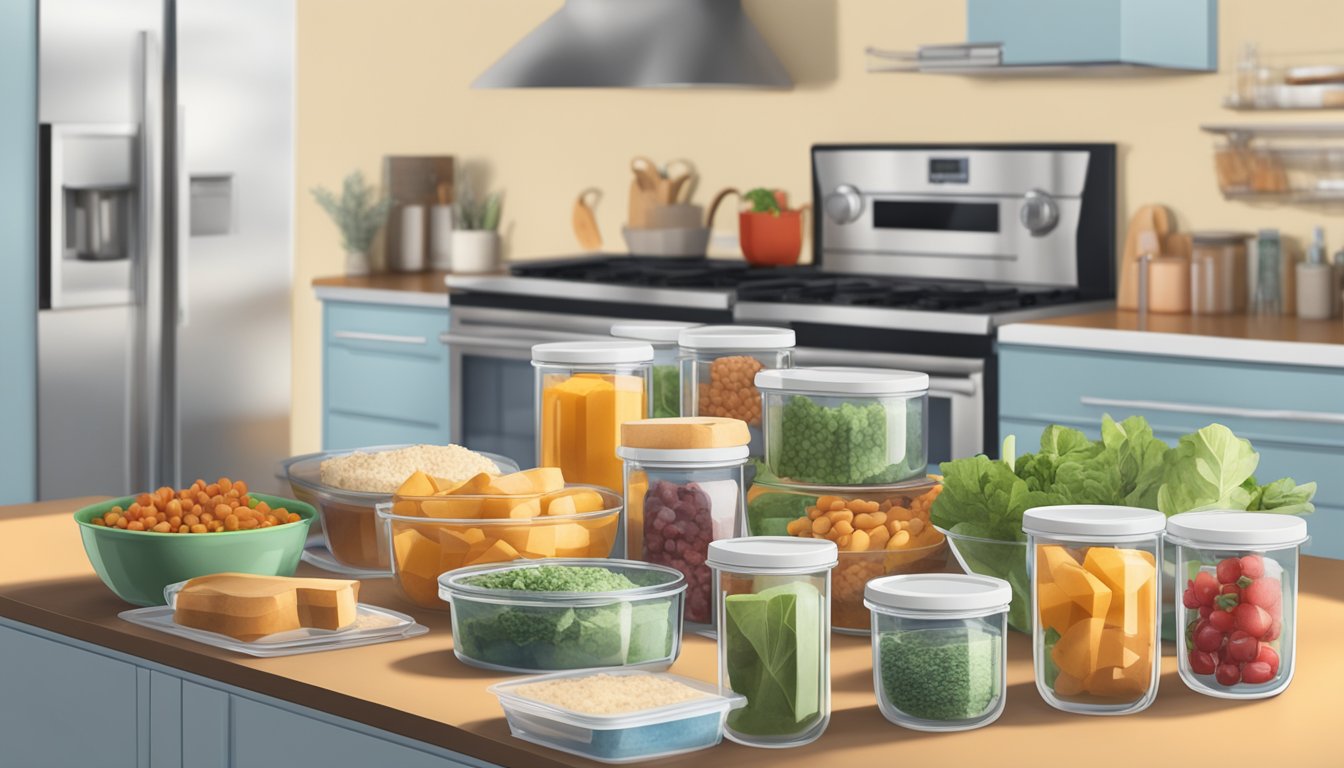 A kitchen counter with various containers of leftover food being repurposed into new meals, with a focus on balancing blood sugar levels