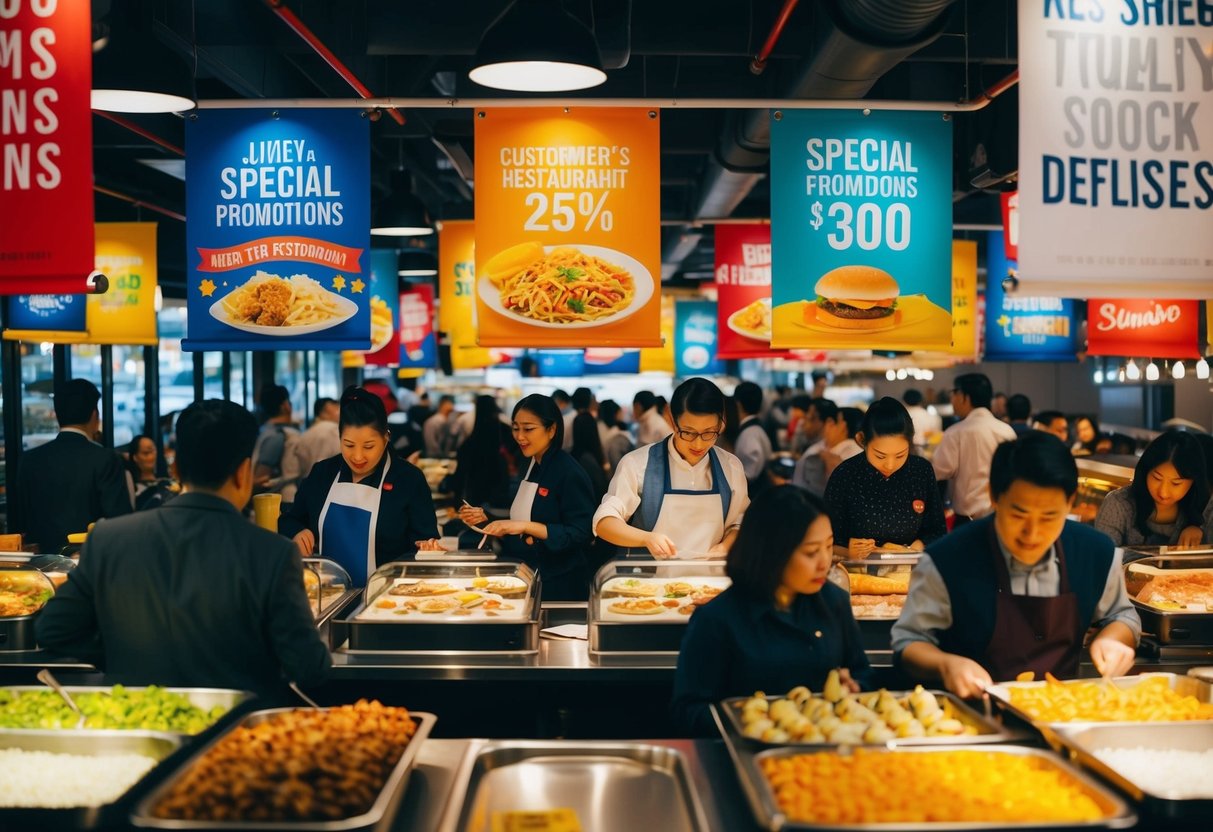 A busy restaurant with colorful banners and enticing food displays. Customers enjoy special promotions and lively atmosphere