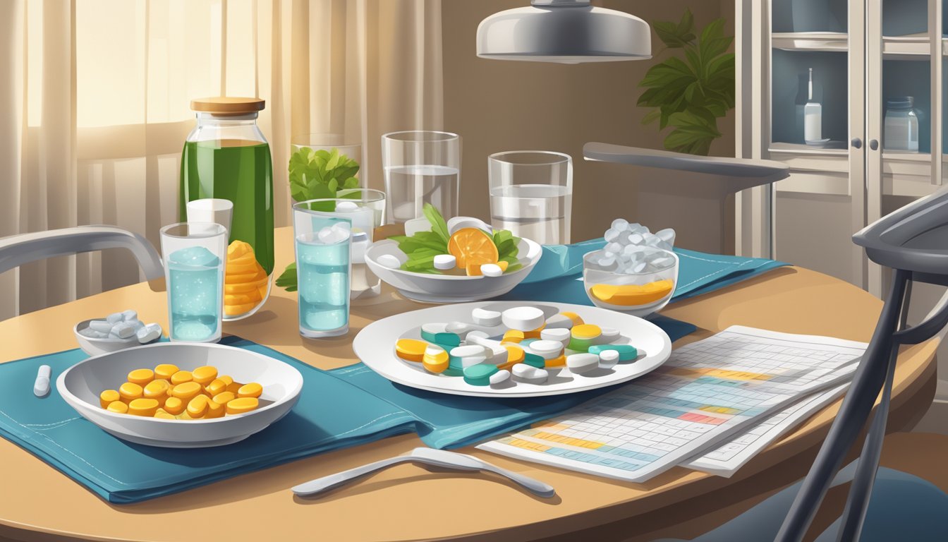 A dining table set with a balanced meal, a plate of pills, and a glass of water, with a calendar showing meal and medication times