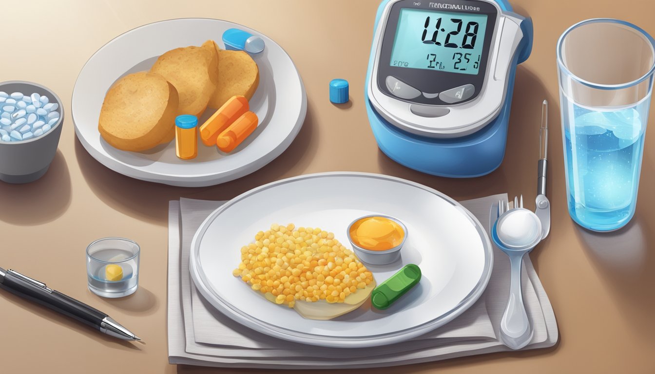 A dining table with a plate of food, a glass of water, and a pill organizer next to a glucose meter and insulin pen