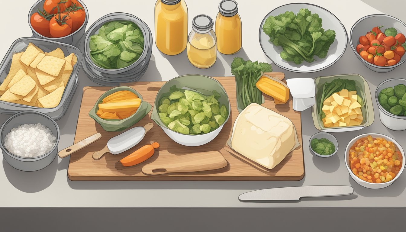 A table with various food containers, a cutting board, and kitchen utensils. Leftover ingredients are being transformed into new meals