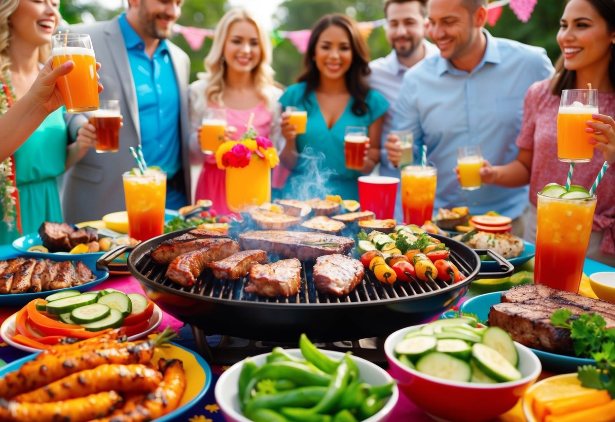 A colorful outdoor BBQ spread with sizzling meats, grilled vegetables, and refreshing beverages, surrounded by festive decorations and happy guests