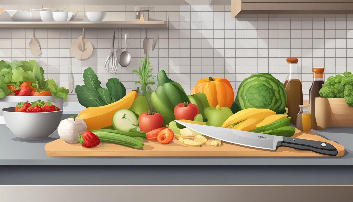 A kitchen counter with a cutting board, knife, assorted fresh fruits and vegetables, and a container of balanced leftovers