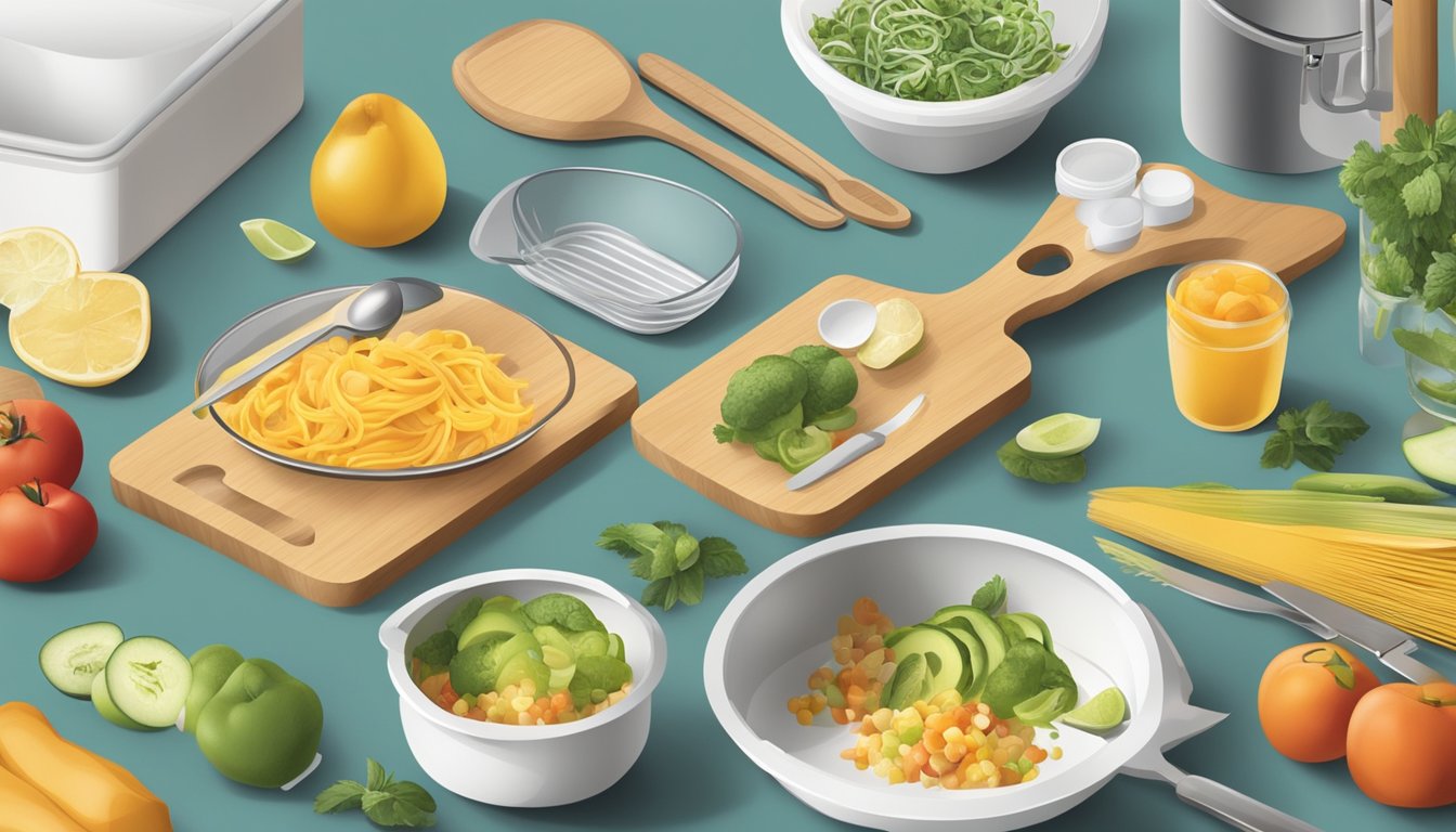 A kitchen counter with various food containers, cutting board, and utensils. A meal being transformed into new dishes, emphasizing balance and sustainability