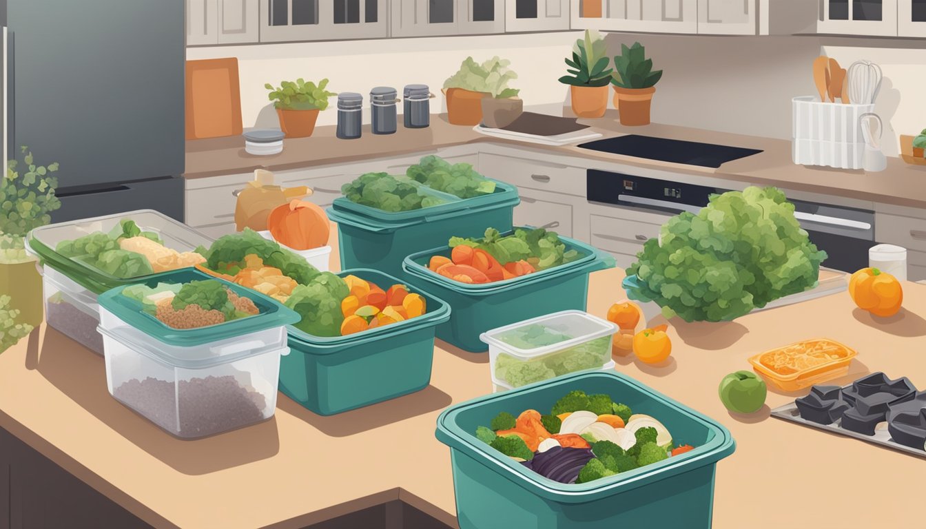 A kitchen counter with a variety of leftover food containers, a compost bin, and a person using reusable containers for meal prep