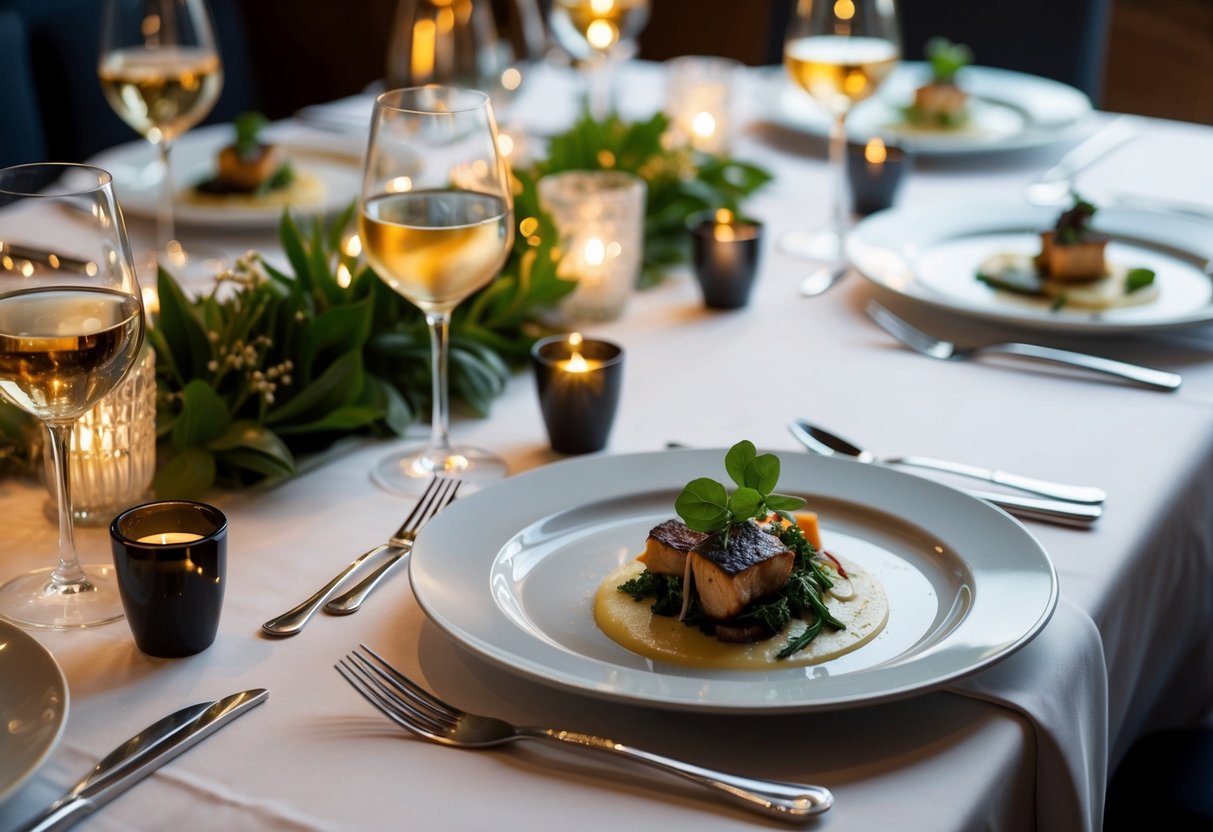 A table set with multiple courses, fine dining utensils, and elegant decor for an Epicurean Tasting Menu Night f&b promotion