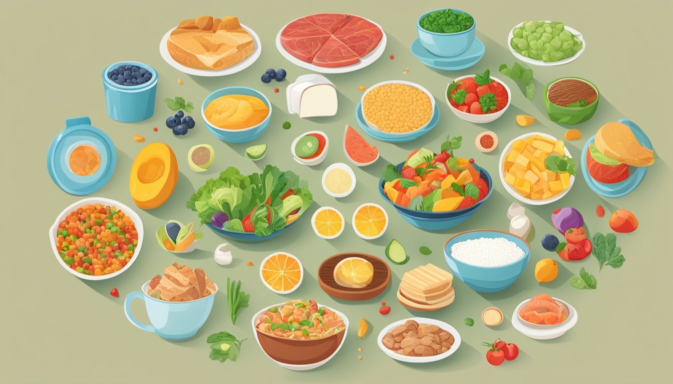 A colorful array of food items arranged in a circular pattern, showcasing the cycle of repurposing meals for consistent blood sugar balance