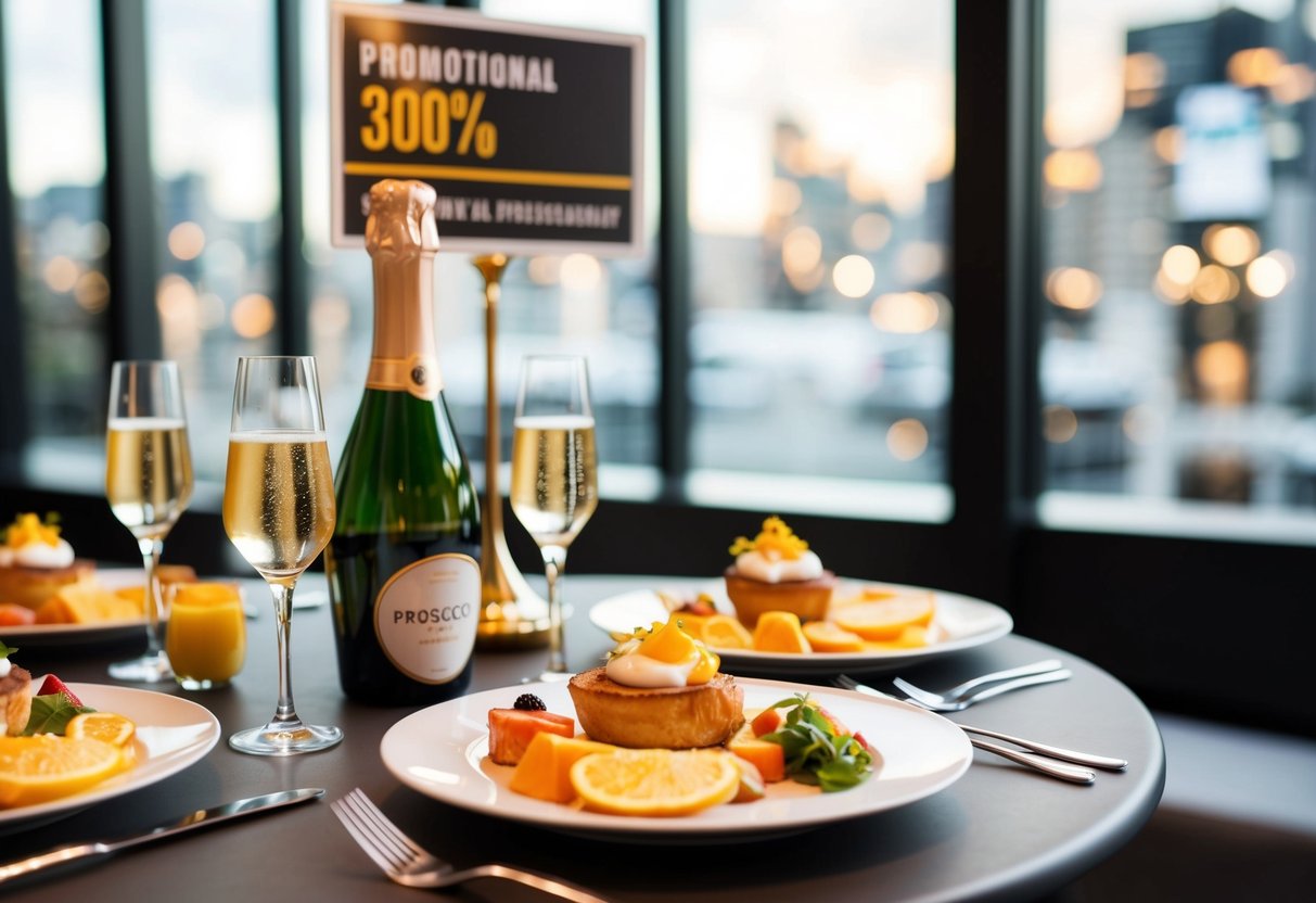 A table set with brunch dishes and bottles of Prosecco, with a promotional sign displayed nearby