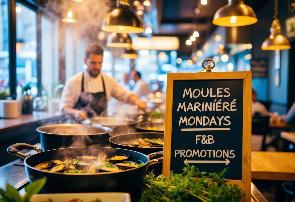 A bustling bistro with steaming pots, fragrant herbs, and a chalkboard sign advertising Moules Marinière Mondays f&b promotions