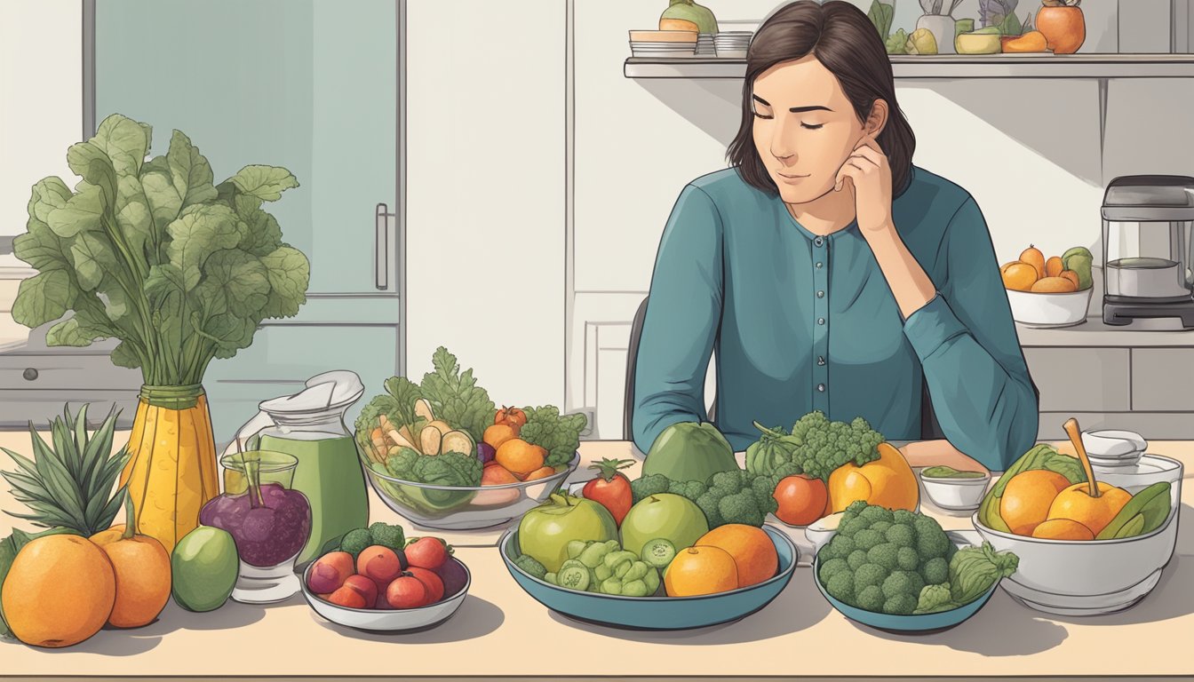 A person sitting at a table with a variety of healthy foods and a scale, looking thoughtful and mindful of their body's signals