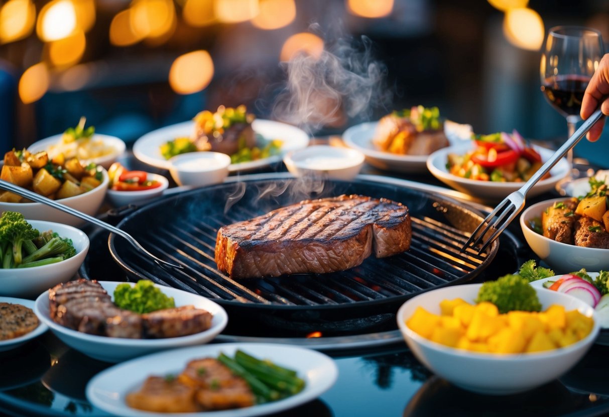 A sizzling steak on a grill, surrounded by various side dishes and condiments, with a vibrant and inviting atmosphere