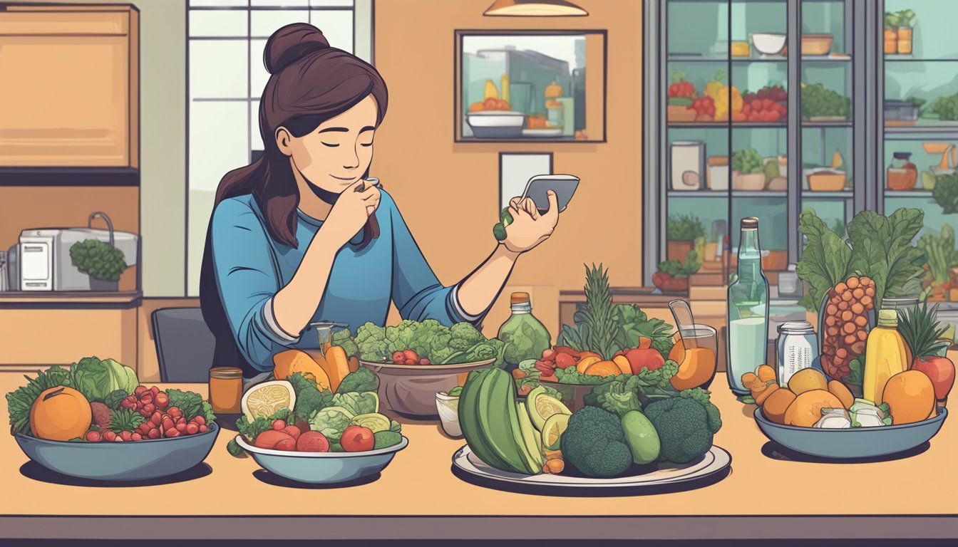 A person sitting at a table, surrounded by healthy food options, with a scale representing hunger levels from 1 to 10, and a diabetes management plan in the background