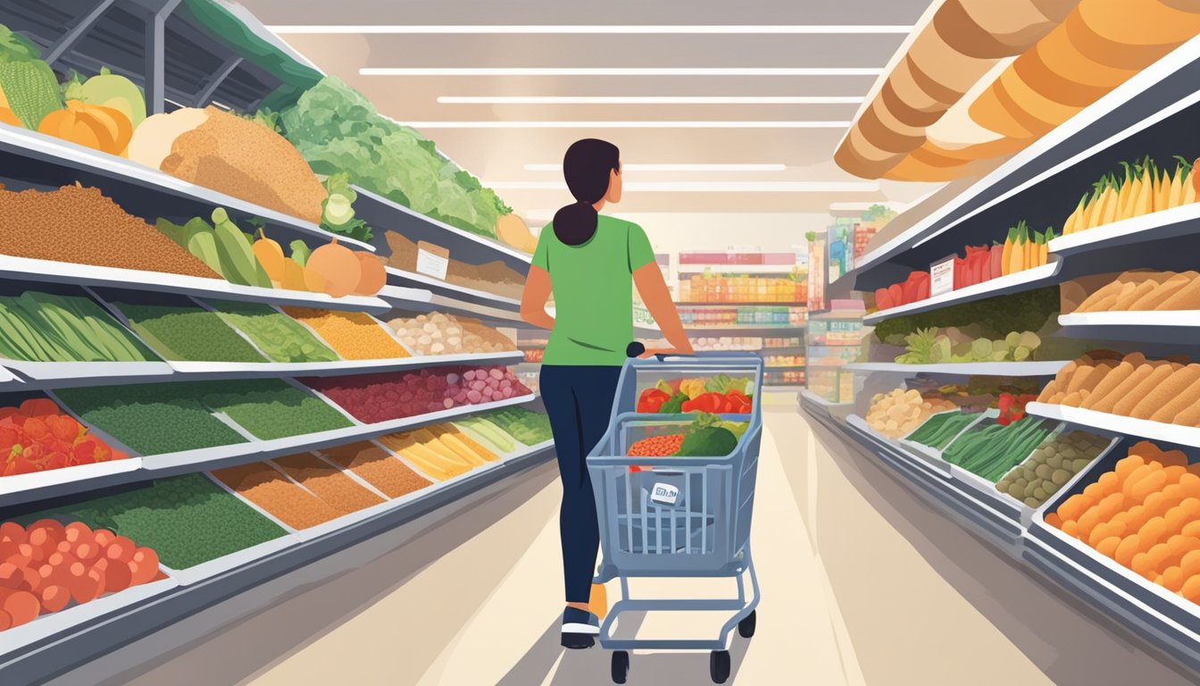 A person pushing a cart down a brightly lit aisle filled with fresh produce, whole grains, and lean proteins. Display signs highlight blood sugar-friendly options