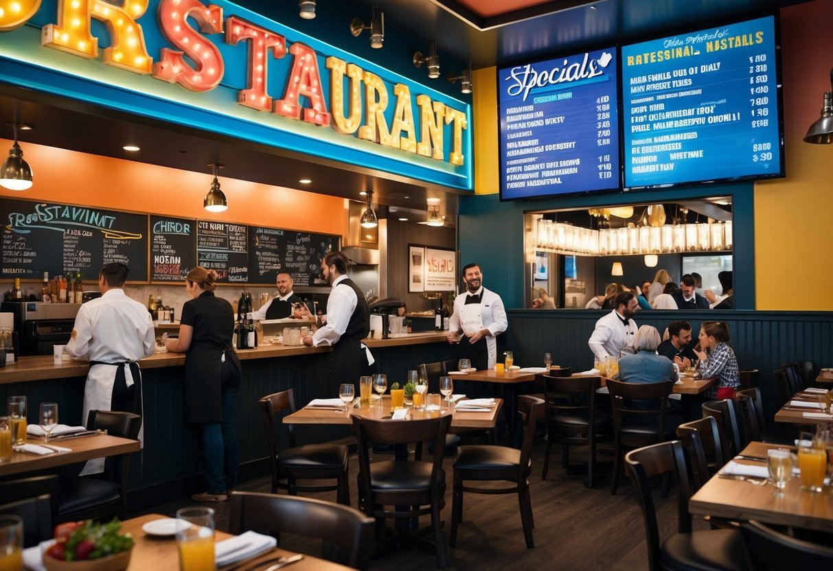 A bustling restaurant with colorful signage and tables filled with food and drinks. A chalkboard displays daily specials while staff interact with customers