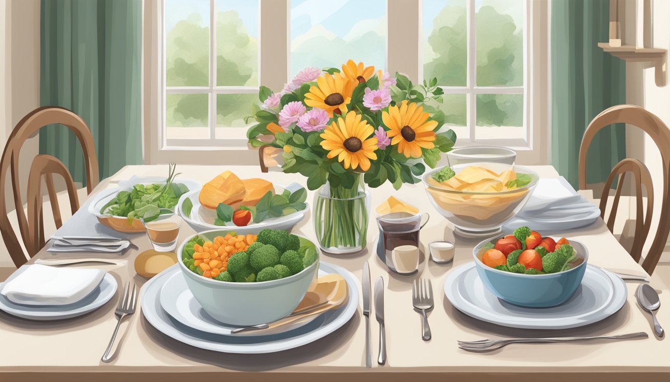 A cozy dinner table set with a bouquet of fresh flowers, two elegant place settings, and a selection of wholesome, low-glycemic ingredients